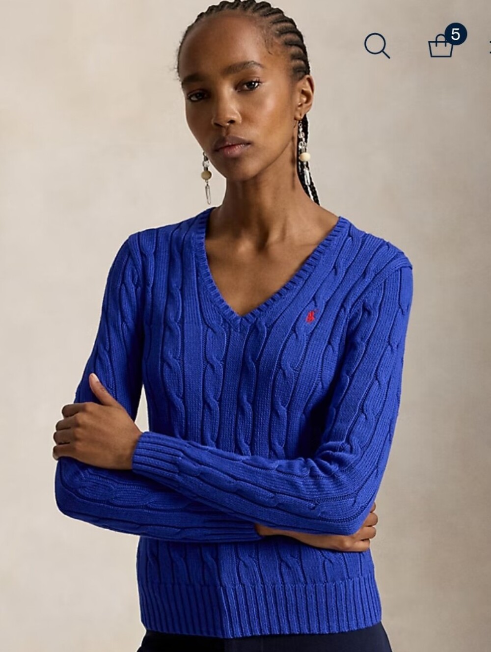 Polo Ralph Lauren Cable Knit Cotton V-Neck Sweater in Rugby Royal